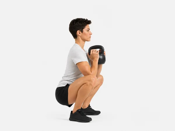 Kettlebell goblet squat — bottom position, side view
