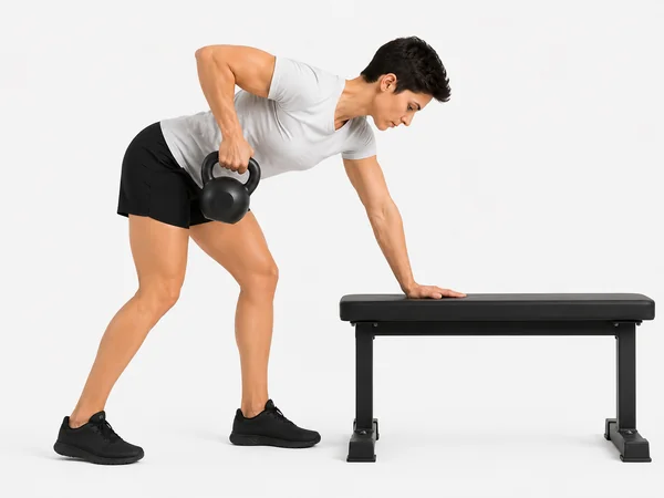 Kettlebell row — single arm row on bench, side view