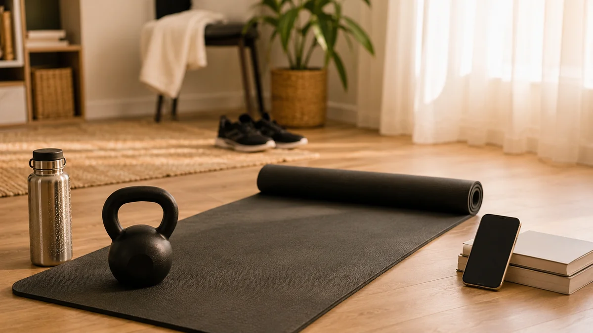 Home workout space — kettlebell, yoga mat, water bottle, training shoes